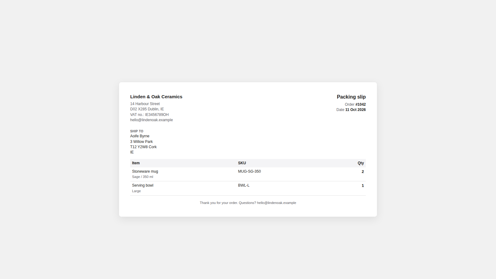 Packing slip generated by AppVerix Invoices