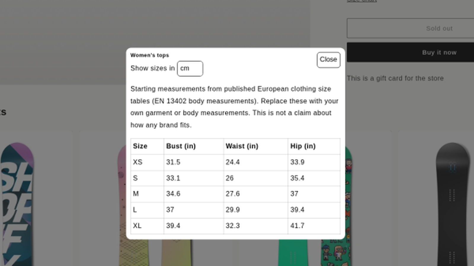 Size chart popup from AppVerix Size Charts on a product page, in inches